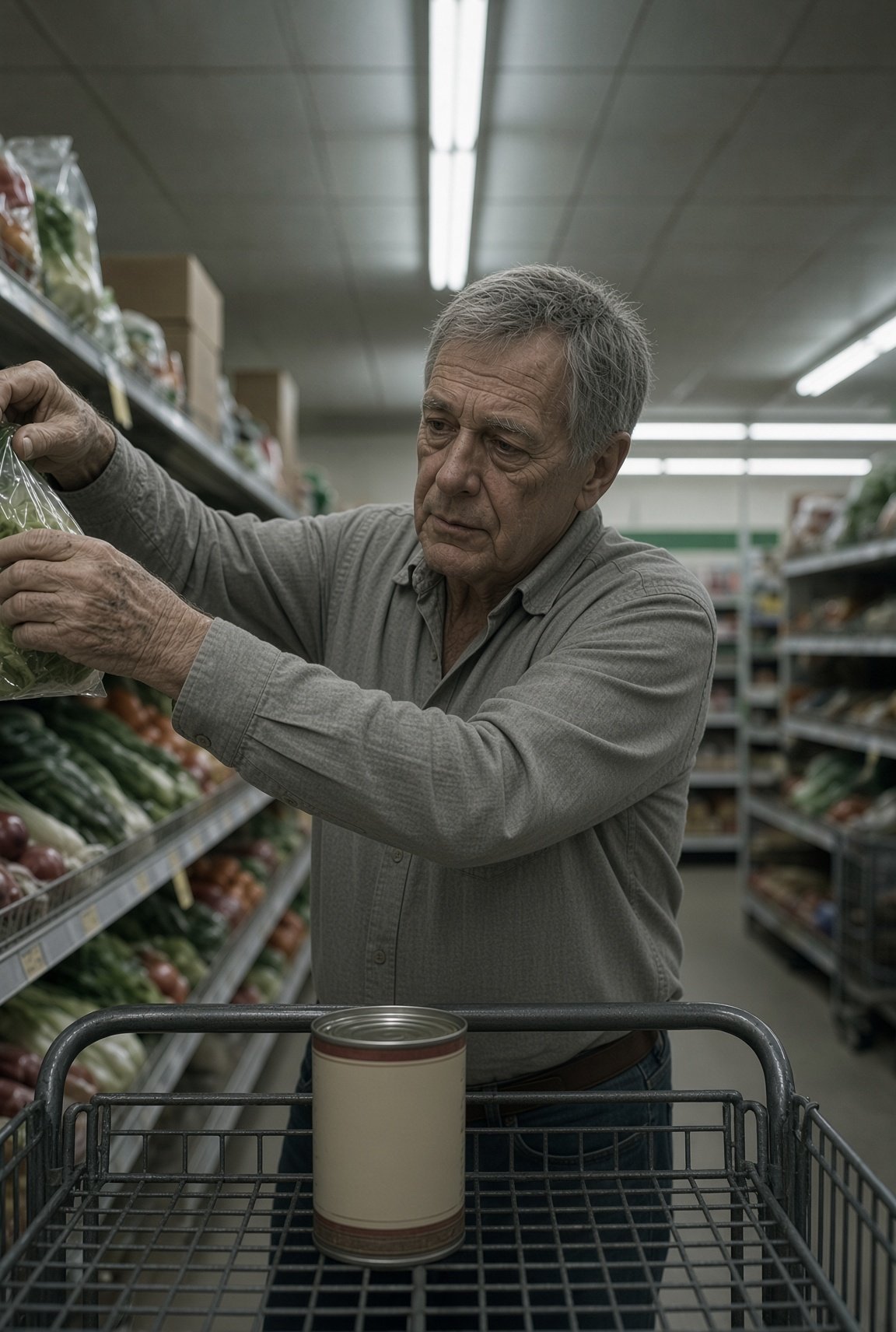 Older man shopping in grocery store produce section, selecting items from shelf with shopping cart in foreground
