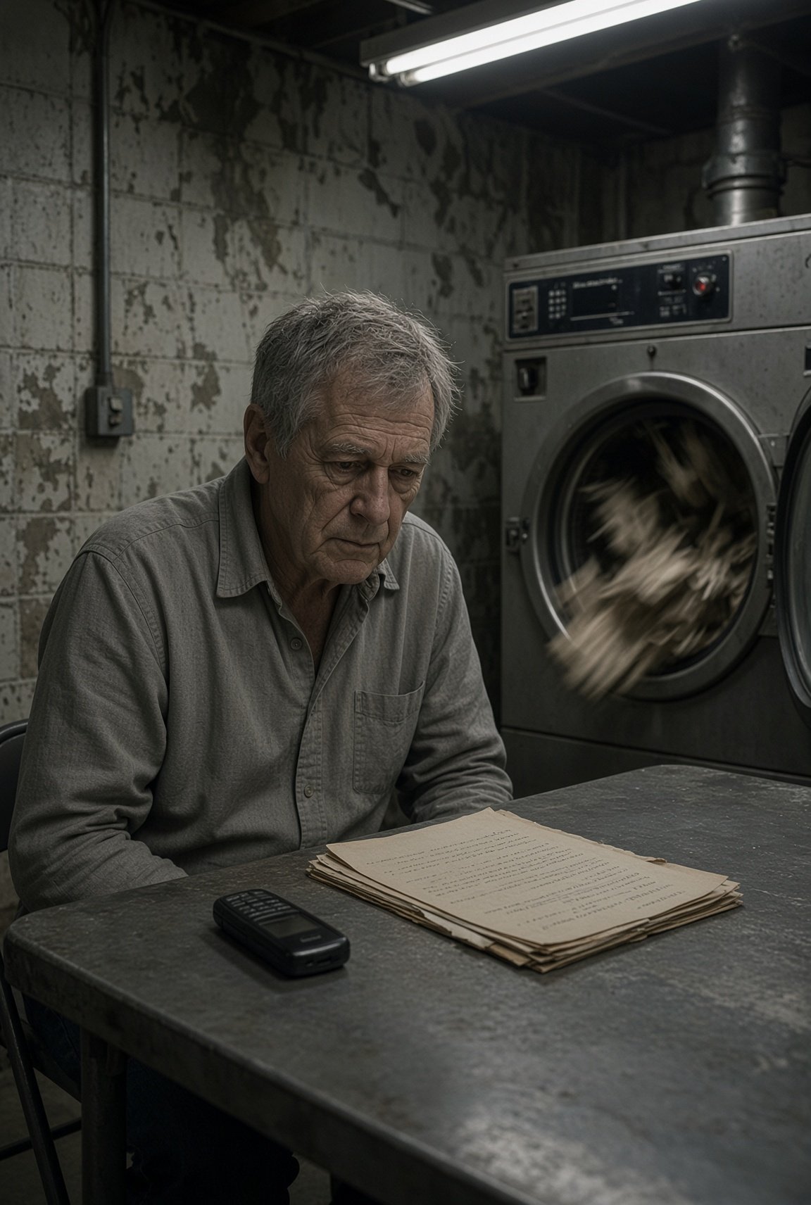 Elderly man sitting at table in laundromat with notebook and phone, industrial washing machine visible behind him