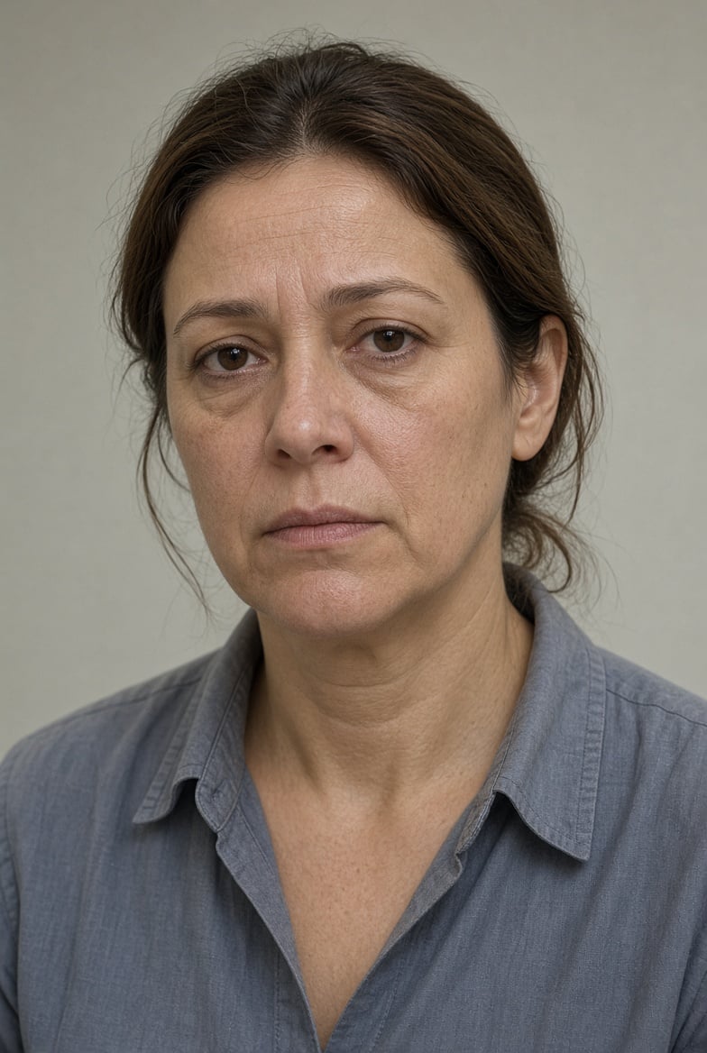Passport-style headshot of a middle-aged woman with dark hair, wearing a blue-gray shirt against a neutral background