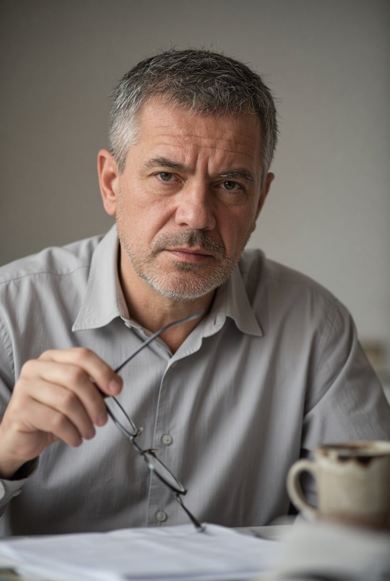 Middle-aged man with gray hair holding glasses, sitting at desk with papers and coffee mug against neutral background