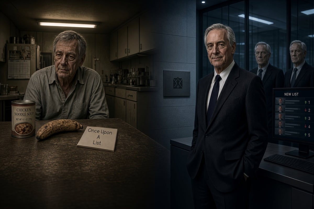Split image showing an older man in casual clothes in a dimly lit kitchen on the left, and the same man in a formal suit in a professional setting on the right, depicting two different life stages or versions of the same character