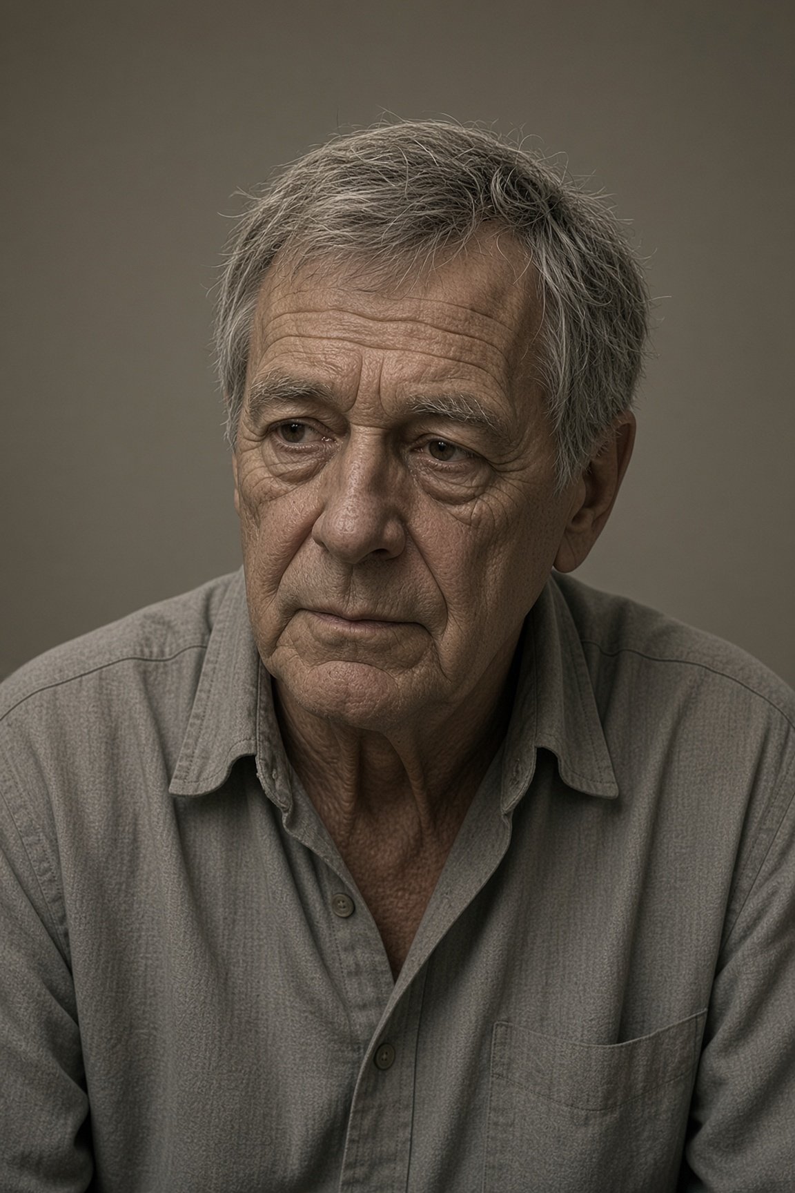 Portrait of an older man with gray hair wearing a light gray button-up shirt against a neutral gray background