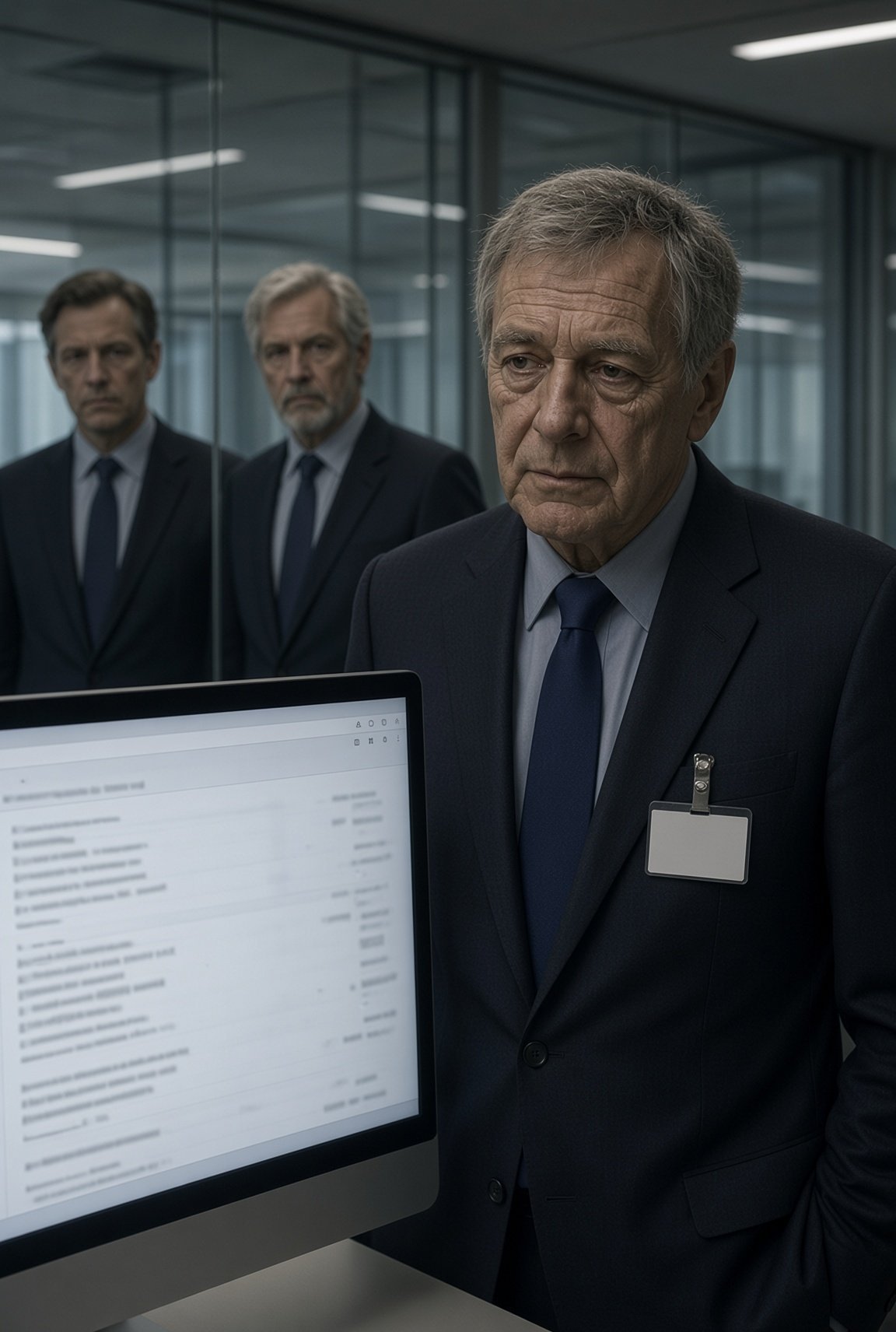 Senior businessman in suit examining computer monitor in modern office with colleagues visible in background