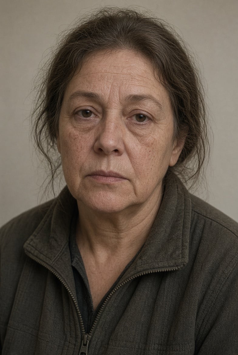 Middle-aged woman with dark hair wearing a dark gray zippered jacket against a plain light background